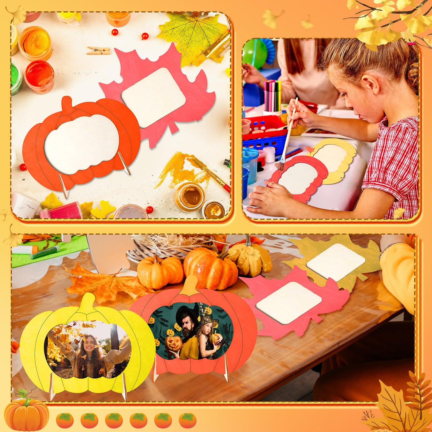 Geelin 12 Pack Thanksgiving DIY Picture Frame Craft Kits Wooden Pumpkin Maple Leaf Photo Frames Bulk Fall Thanksgiving Crafts fo