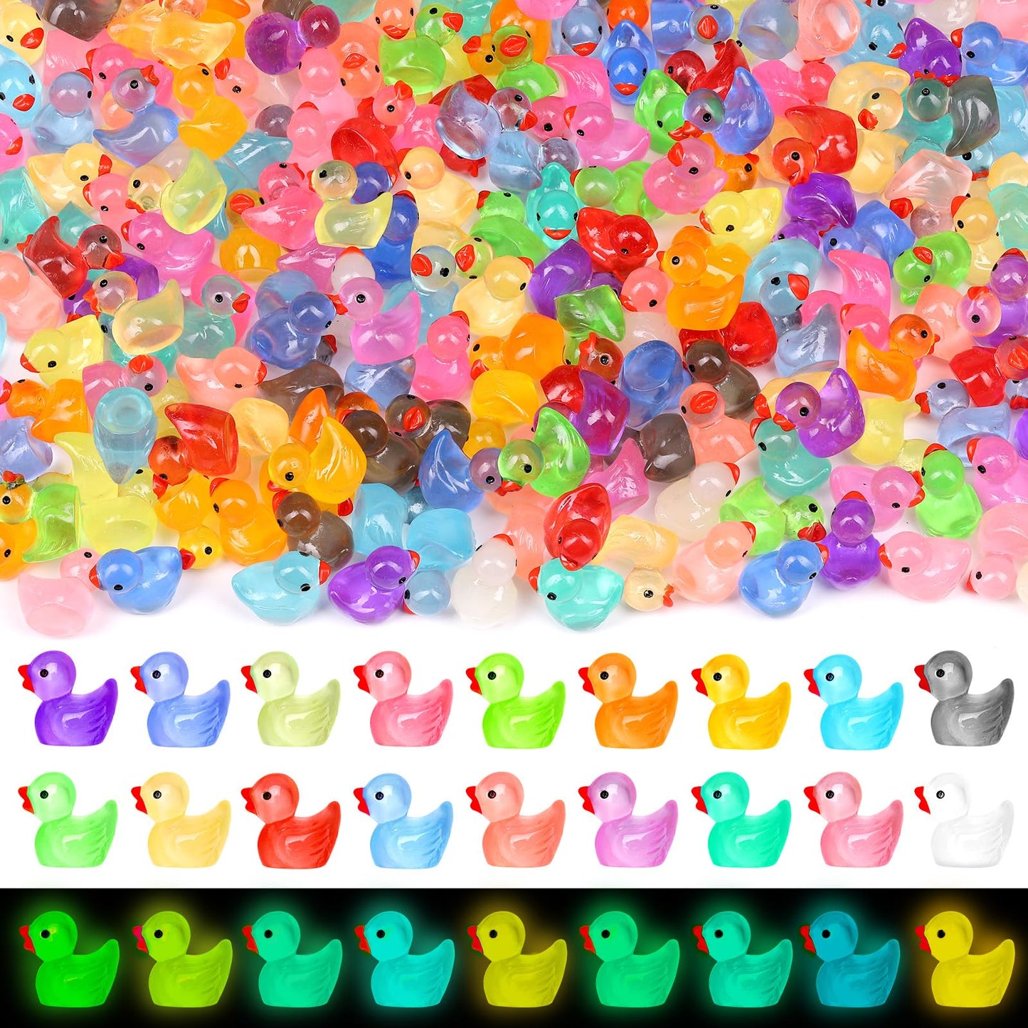 280Pcs 18 Colors Luminous Mini Resin Ducks Glow in The Dark Tiny Ducks Figures to Hide Bulk Plastic Duck Miniature for Dollhouse Micro Landscape Aquarium Potted Cake Decor DIY Craft Gifts Party Favors