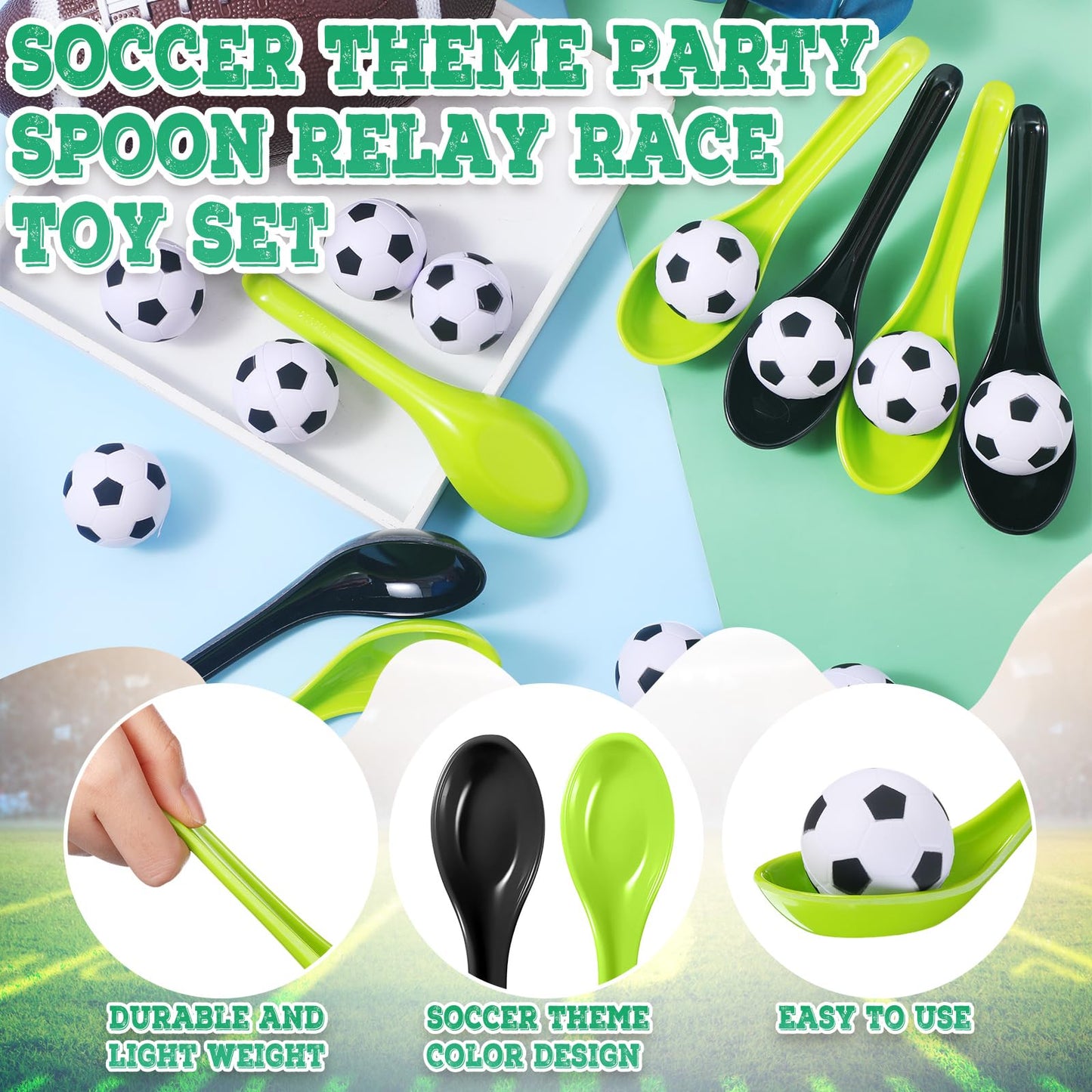 PullCrease Soccer Party Games 12 Pack Soccer Party Spoon Relay Race Toy Set for Teens Adults, Soccer Foam Ball and Spoon Race Ga