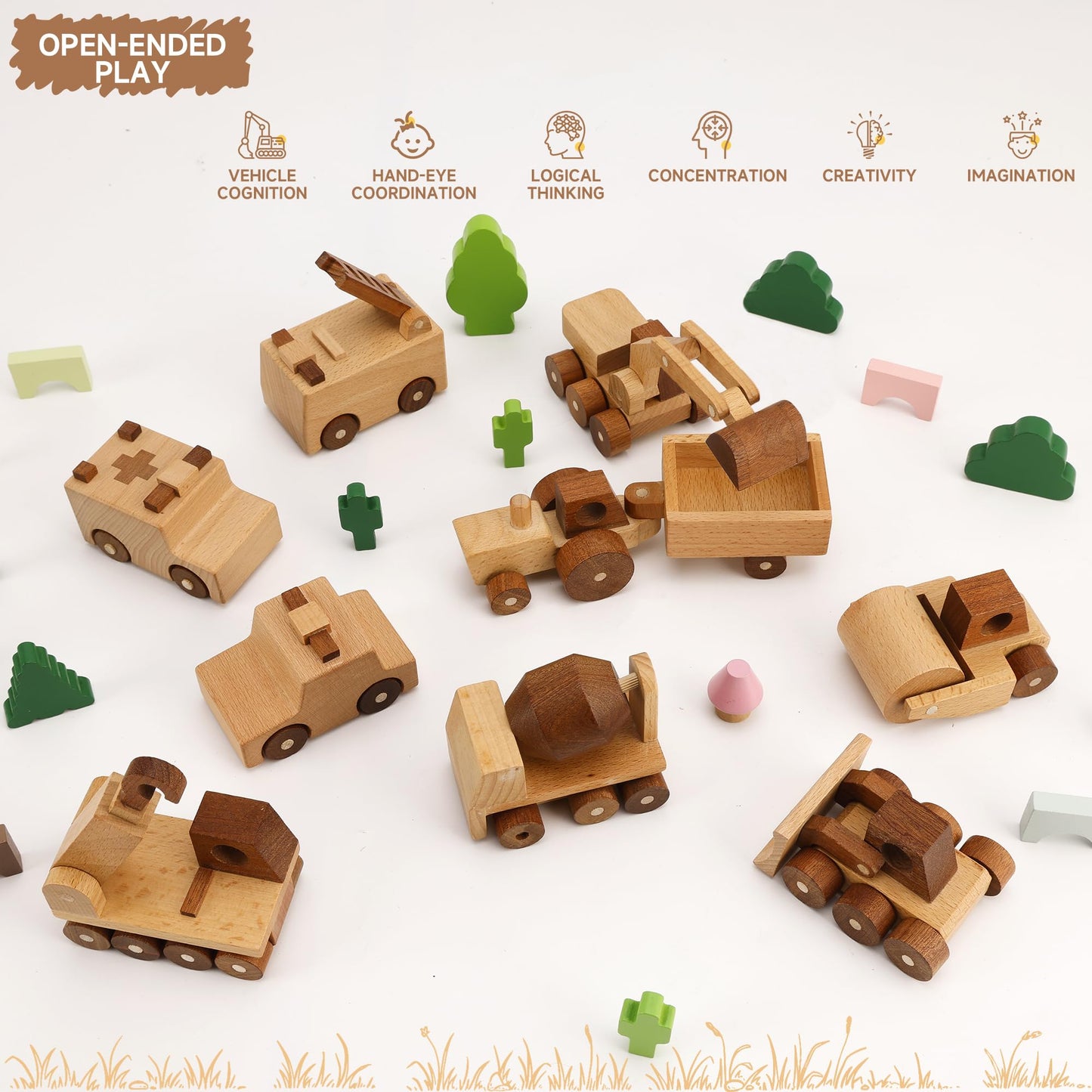 MONT PLEASANT Wooden Emergency Vehicle Toy Set of 3  Toddler Montessori Toys Ambulance Fire Truck Police Car Toys with Rolling Wheels  Kid Wooden Toy Vehicle Learning Educational Gift for Boys & Girls