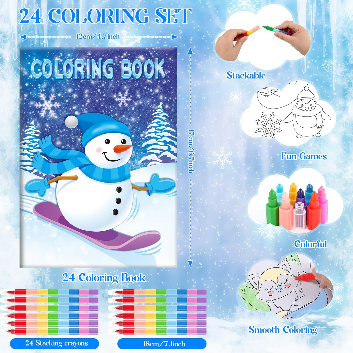 BenLouis 24 Frozen Mini Coloring Books with 24 Stacking Crayons Party Favors Winter Snowflake Themed Activity Book Crafts Bulk f