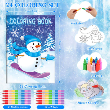 BenLouis 24 Frozen Mini Coloring Books with 24 Stacking Crayons Party Favors Winter Snowflake Themed Activity Book Crafts Bulk f
