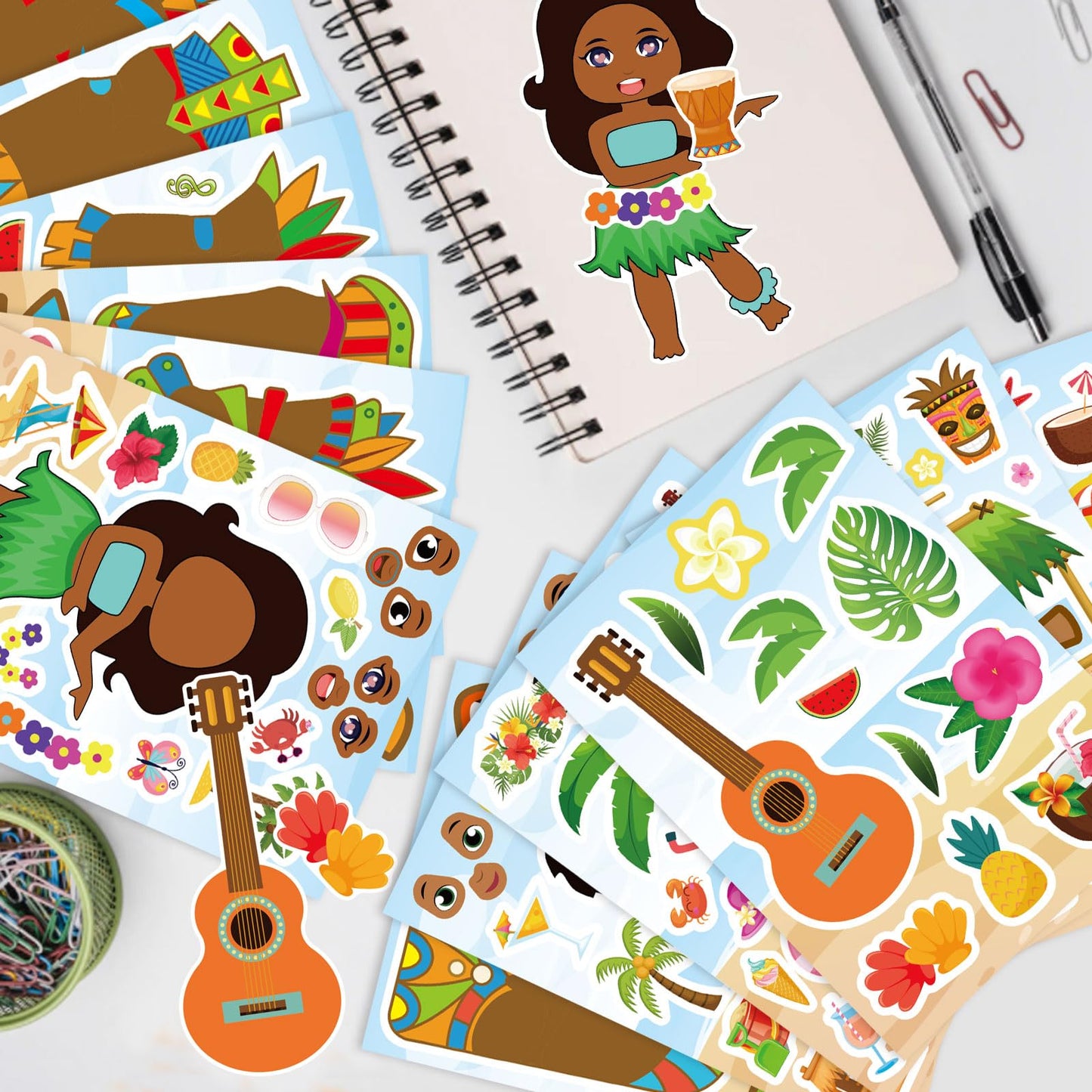 24 Sheets Summer Stickers, Hawaii Make A Face Sticker, Make Your Own Beach Tropical Cartoon Mix And Match Stickersaloha Tiki Tot