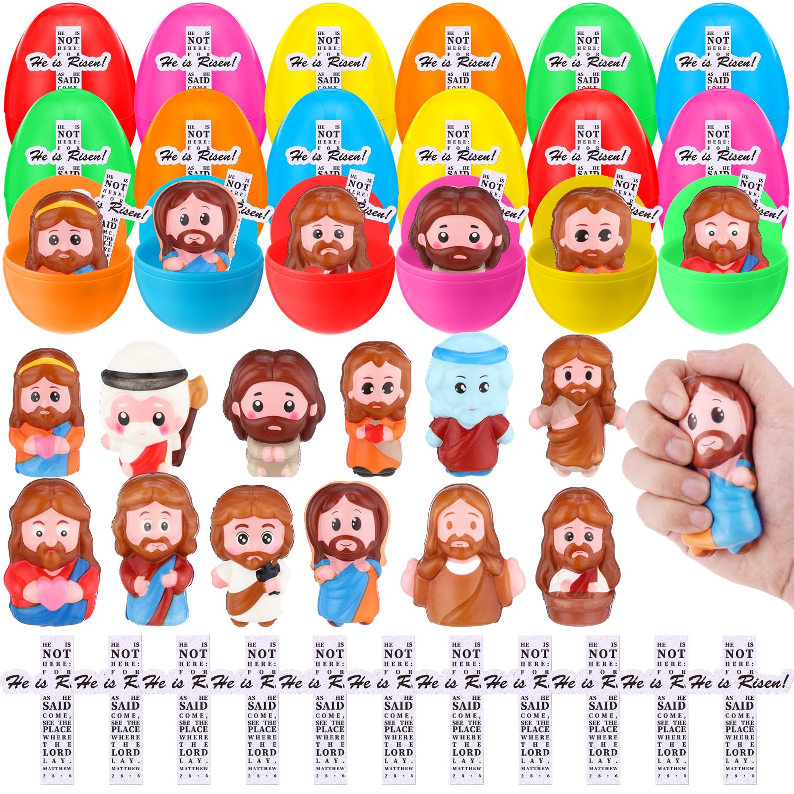 Novabright 36 Sets Easter Eggs with Little Jesus Squeeze Figures He Is Risen Scripture Cross Sticker Cards for Pocket Seek Hide 