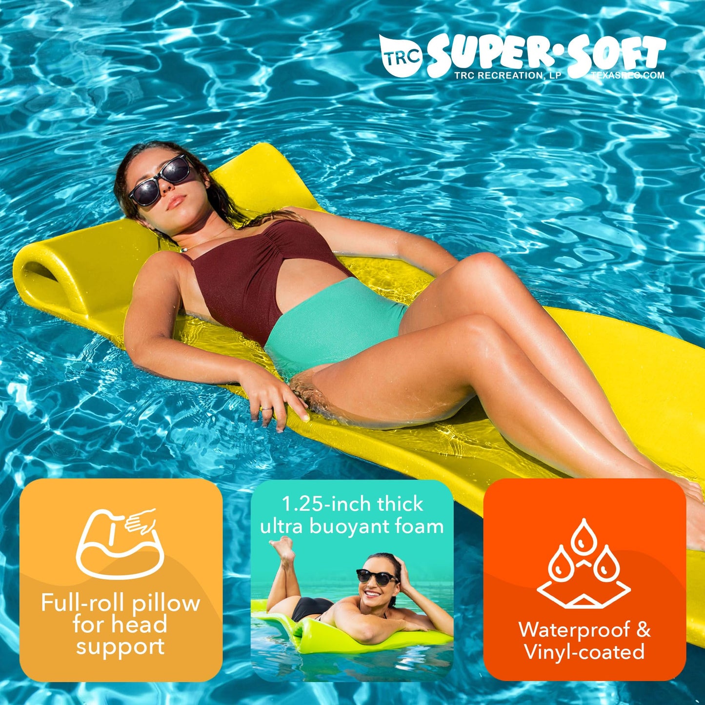 TRC Recreation Splash 1.25 Inch Thick Foam Outdoor Swimming Pool Float Mat Large mature-themed Lounger with Built-in Roll Pillow  Yellow