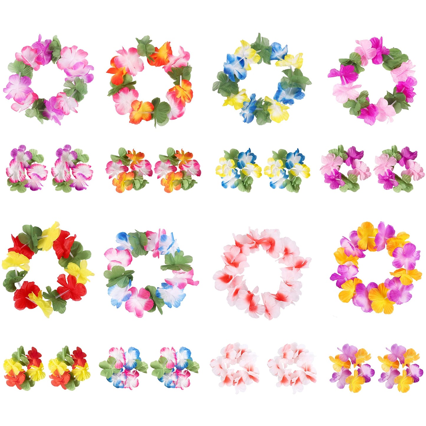 jollylife 60PCS Hawaiian Luau Leis Necklaces Bracelets Headbands Tropical Hibiscus Flowers Tiki Summer Pool Party Favors Supplie