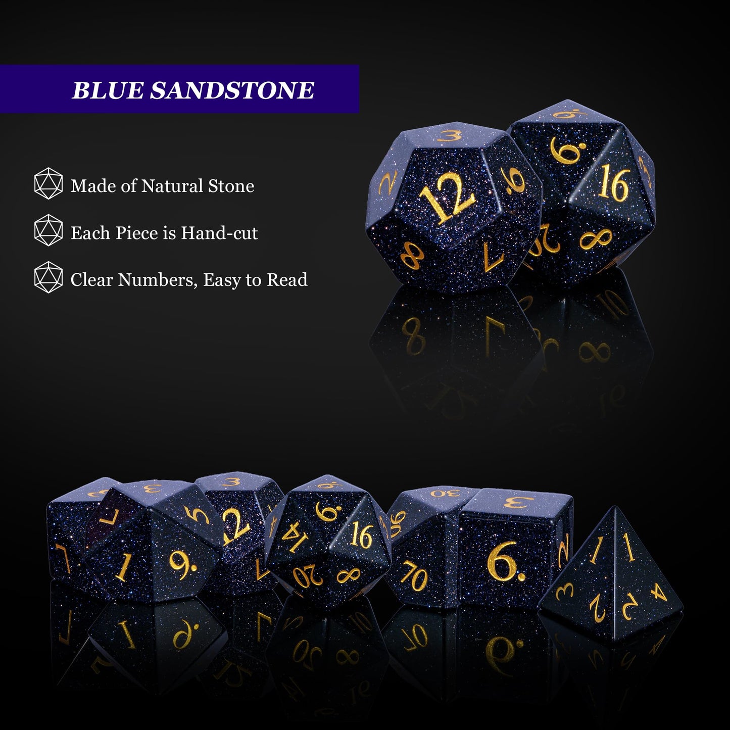 UDIXI Stone D&D Dice Set 7PCS Blue Sandstone Gemstone DND Dice with Leather Gift Box for Dungeons and Dragons Role Playing Game