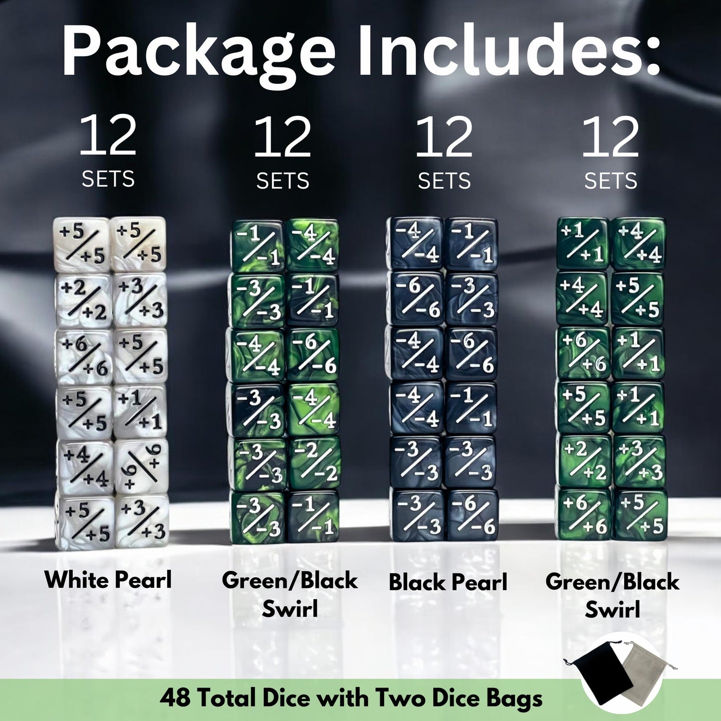 Luck Lab Mtg Magic Life Counter Dice - 48 Pcs Compatible W/Magic Card Game Accessories, Ccg Creature Stats W/ 2 Dice Bags (Green