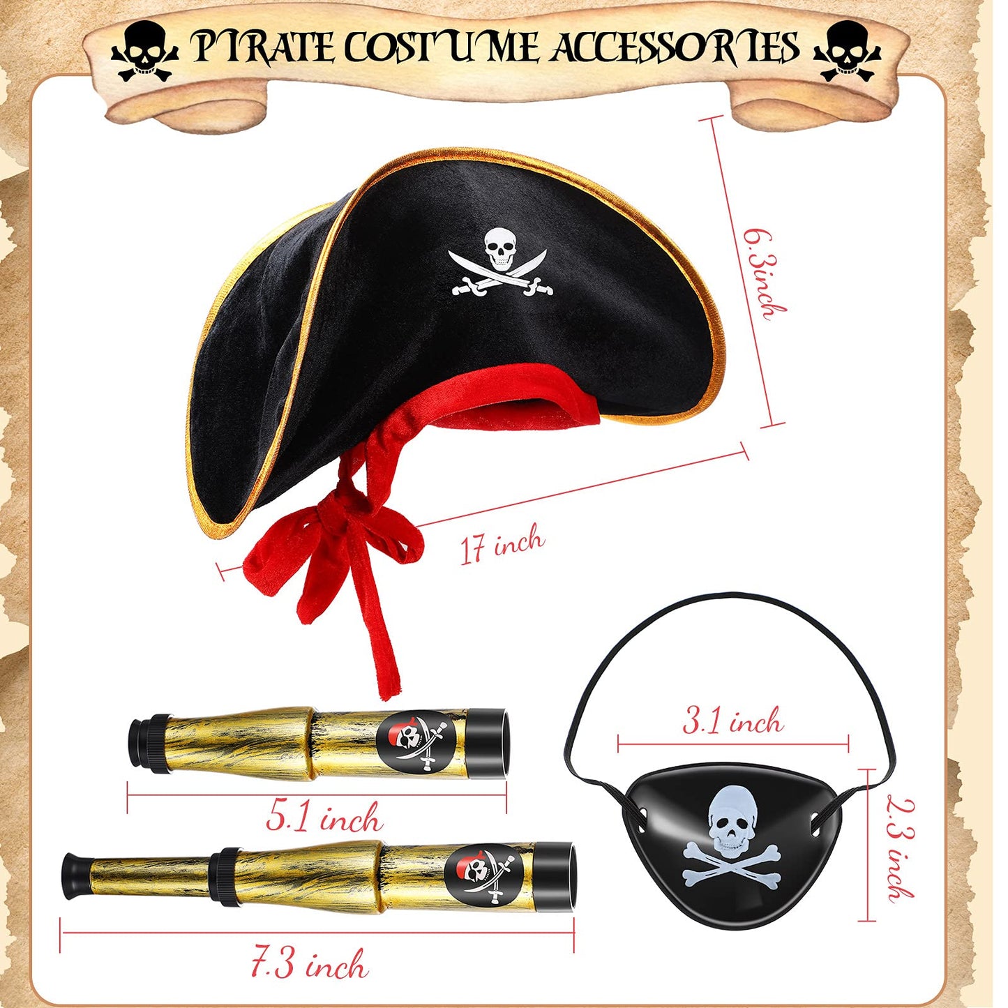 Skylety 9 Pieces Pirate Costume Accessories Telescopes Eye Patches for Halloween Cosplay (Pirate Captain Hat)