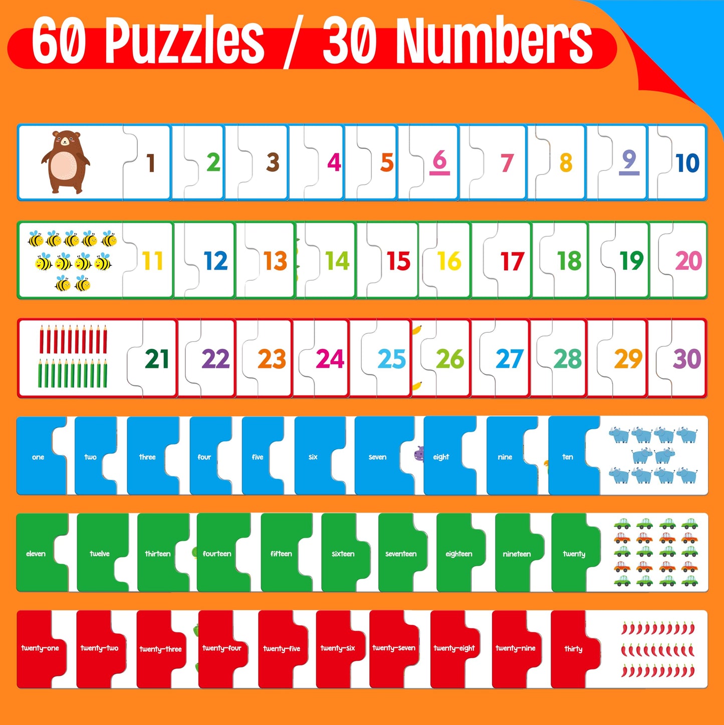 SpriteGru 1-30 Number Puzzle Games, Double-Sided Math Toy, 30 Pieces, Cardstock, Early Learning for Preschool Toddlers, Blue/Green/Red