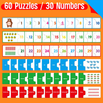 SpriteGru 1-30 Number Puzzle Games, Double-Sided Math Toy, 30 Pieces, Cardstock, Early Learning for Preschool Toddlers, Blue/Green/Red