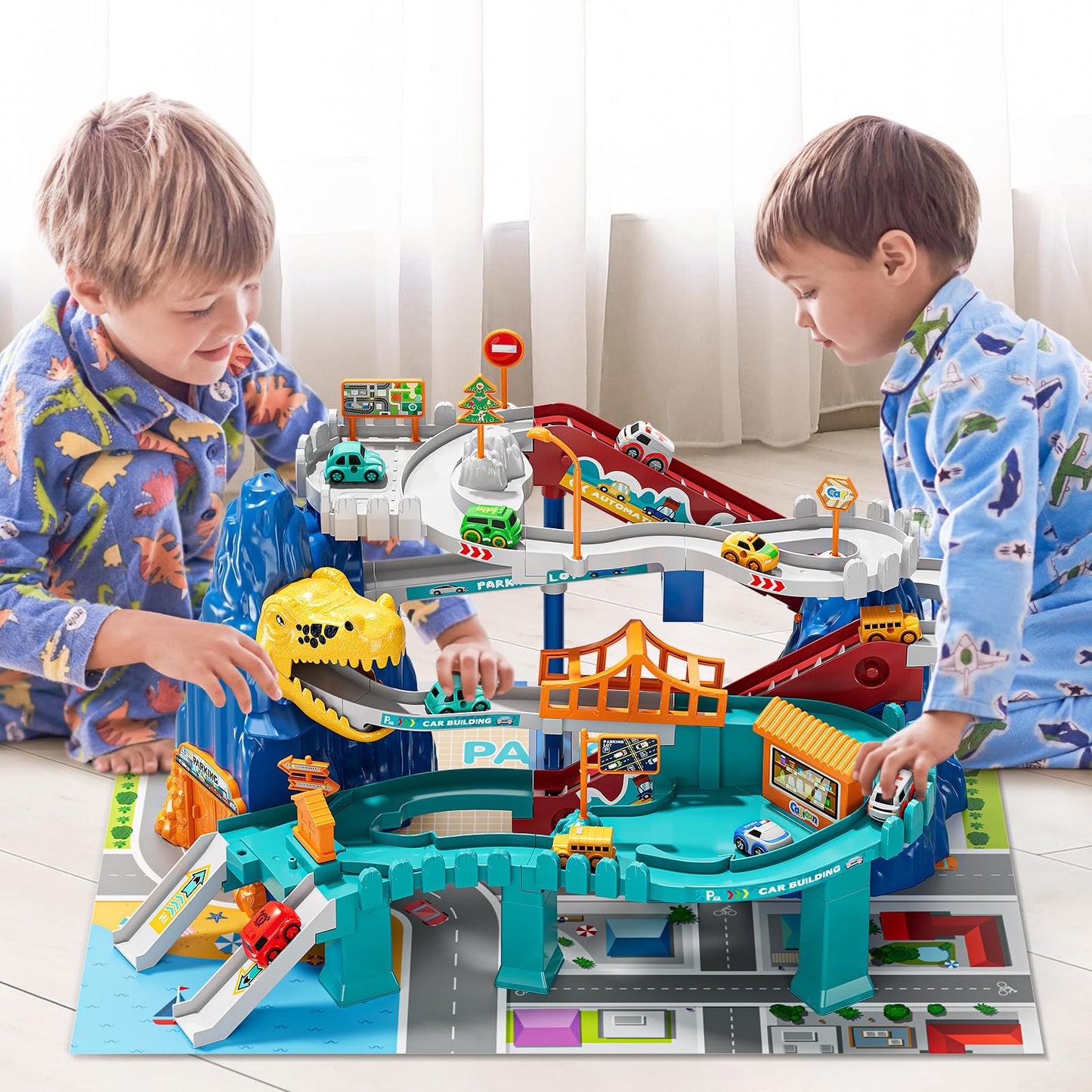 Niplooow Dinosaur Race Track Playset For Boys Kids 3-5, Dinosaur Climbing Hills Car Track Play Set With 10 Mini Racer Cars, Kids
