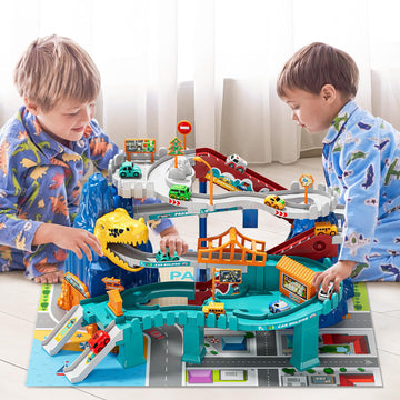 Niplooow Dinosaur Race Track Playset For Boys Kids 3-5, Dinosaur Climbing Hills Car Track Play Set With 10 Mini Racer Cars, Kids