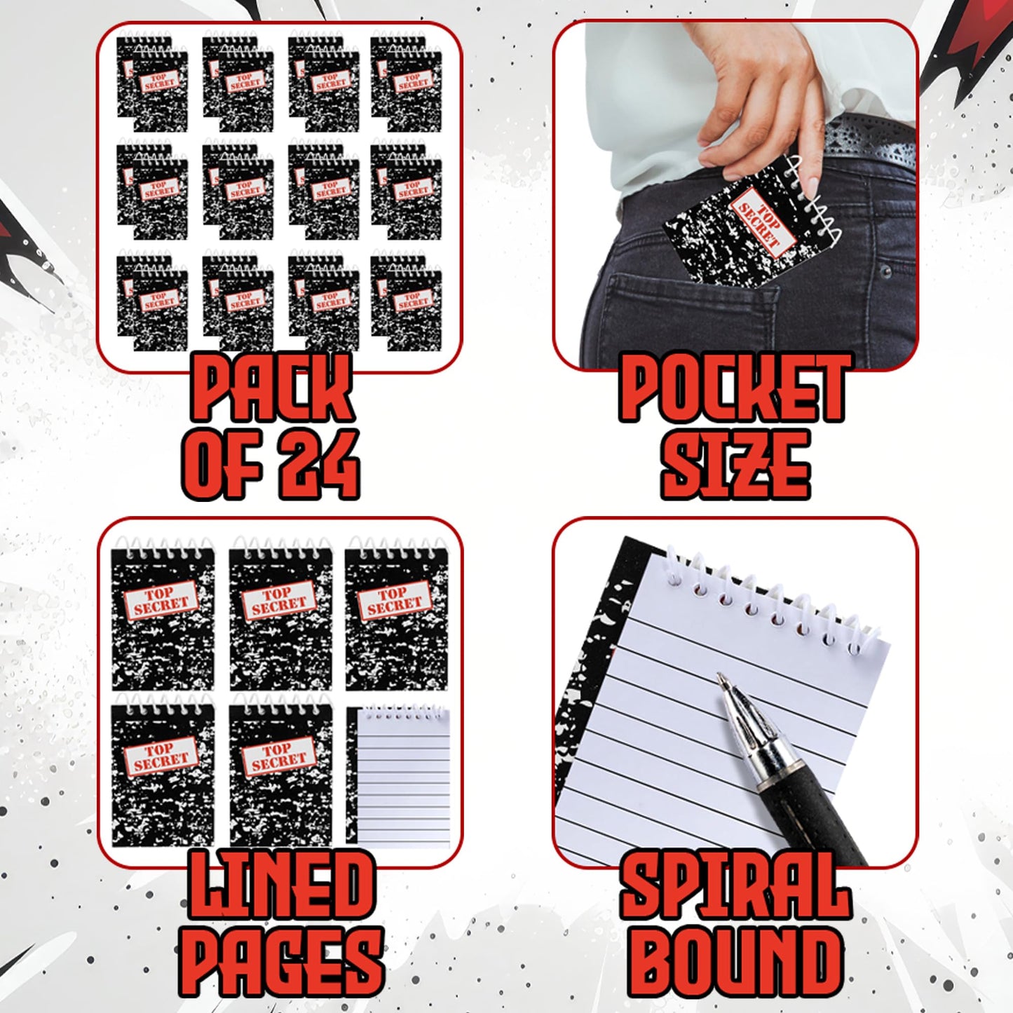 Bedwina Top Secret Mini Notebooks for Kids Party Favors - (Pack of 24) Spiral Small Notebook Pads for Murder Mystery Party Decor