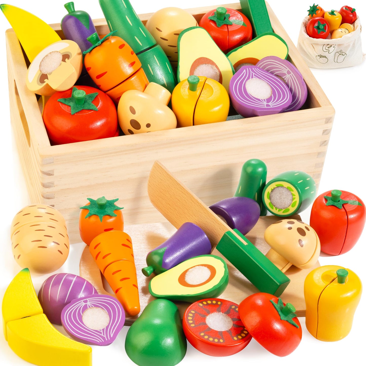 Wooden Play Food Set for Kids Kitchen | Velcro Chopping Veggies & Fruits Toy Food Set with Storage Case & Bag, Play Kitchen Acce