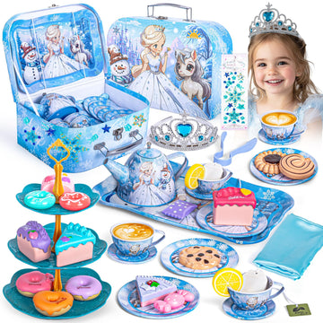 Hohosunlar Frozen Tea Party Set for Little Girls, Princess Gift Toy, Kids Pretend Play Tin Tea Set with Teapot, Tea Cups, Food P