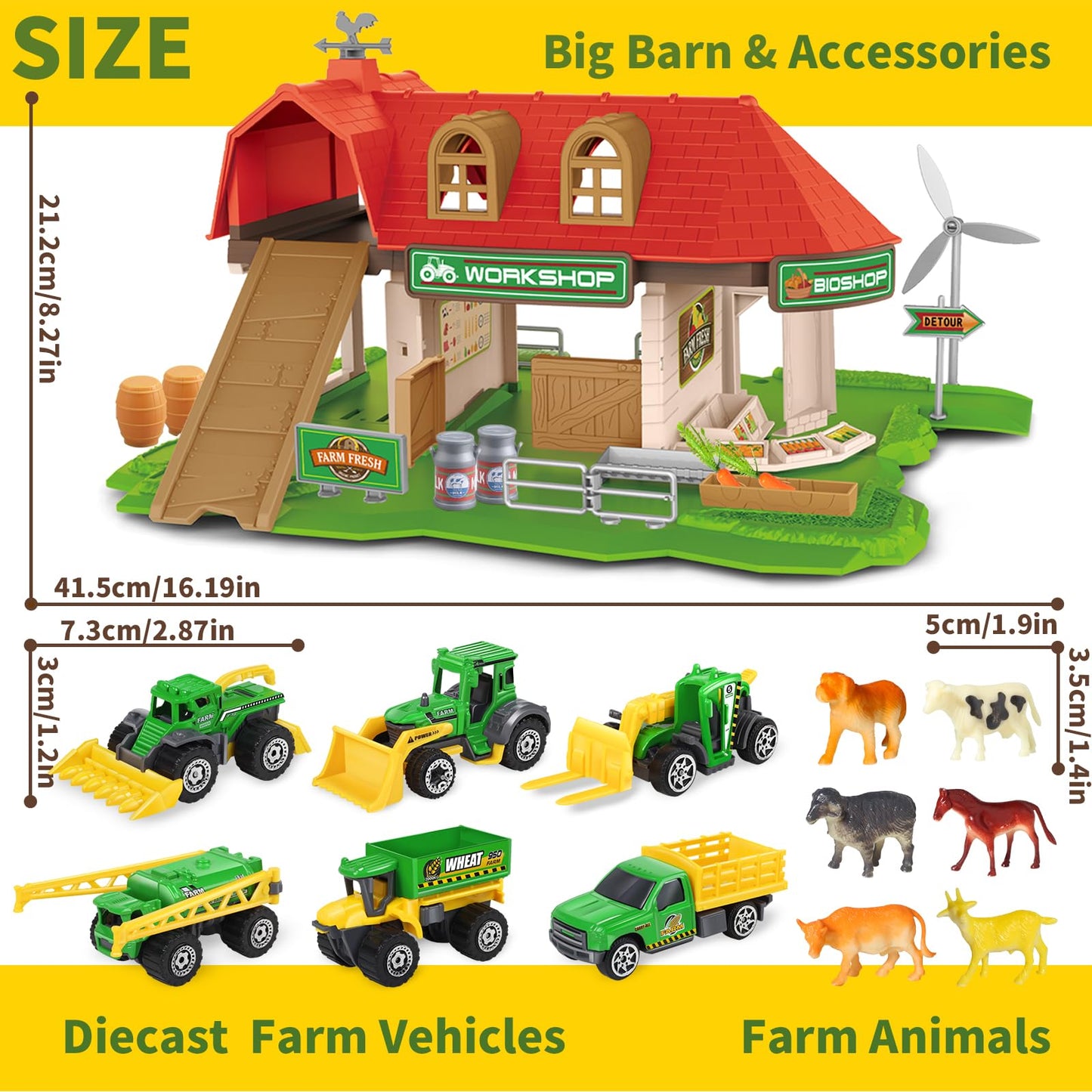 Oriate Toy Barn House with Tractor & Animal Farm, 1 64 Diecast Tractors Toys for Kids 3-5 4-6, Big Red Farm Barn Toys Playset fo