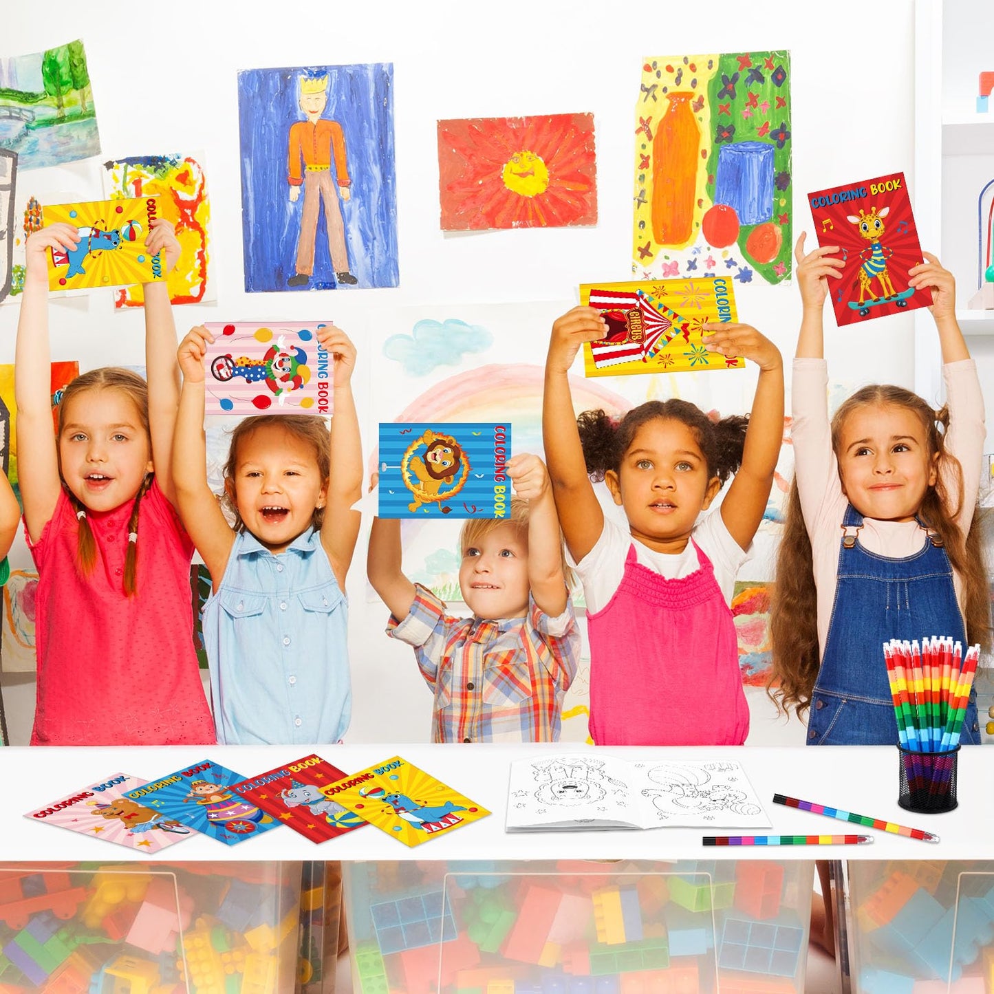 Funrous 48 Pcs Coloring Books with Stackable Crayons Firefighter Summer Circus Party Favors Coloring Pages Drawing Booklet Party