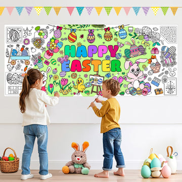 AUGSUN Easter Large Coloring Poster for Kids 72 x 30 Inch Happy Easter Coloring Tablecloth Giant with 18 Paint Pens for Crafts S