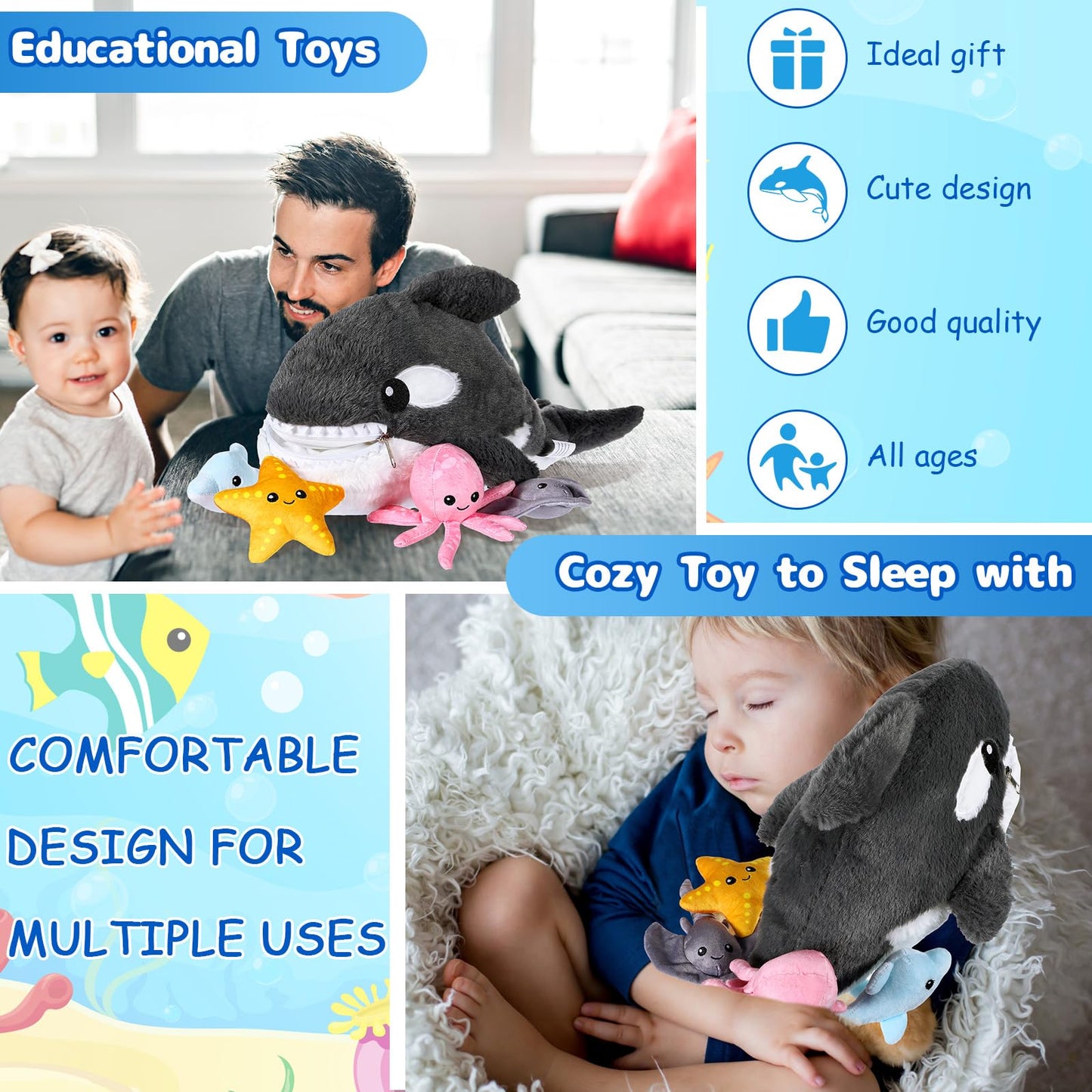 Syhood 5 Pieces Sea Stuffed Animals Plush Set Include 1 Large Whale Plush Doll With Small Starfish Dolphin Octopus Ray Stuffed Toy For Huggable Sleeping Holiday Birthday Gifts
