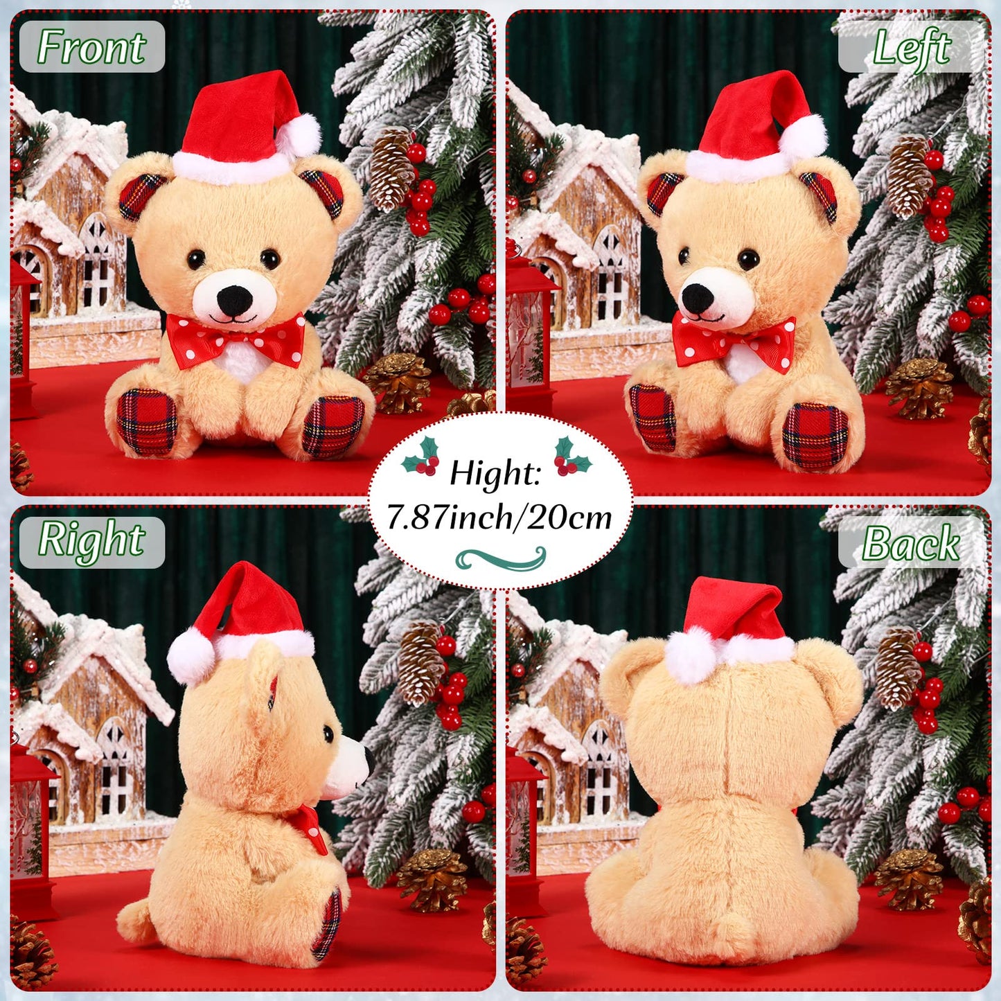 Threan 8 Inch Christmas Stuffed Animal Christmas Plush Toy Doll With Santa Hat Xmas Plush Stuffed Bear Monkey Deer Lion Koalas Panda Dog Elephant For Valentine'S Day, Festival (Little Bear Style)