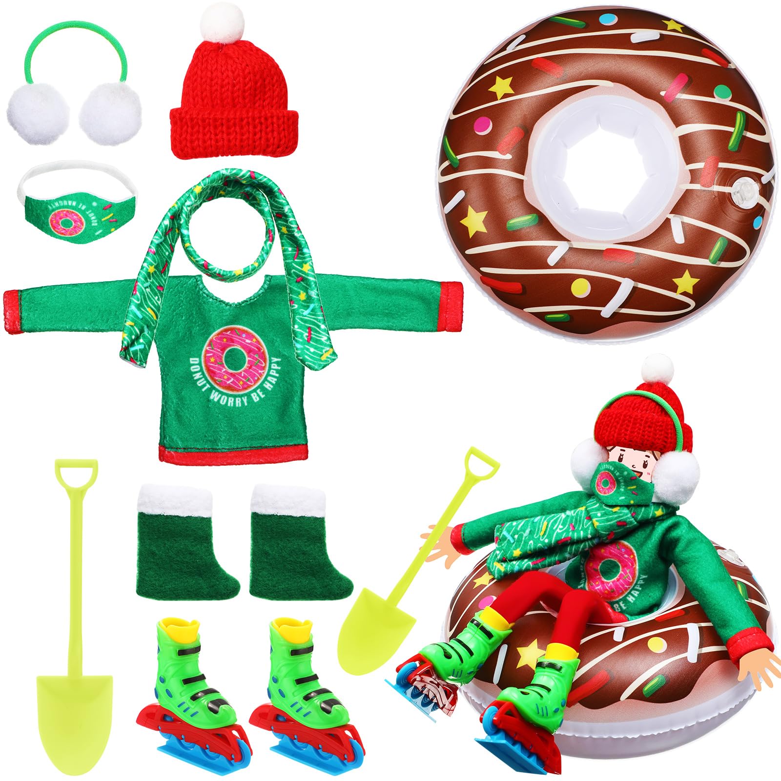 Jenaai 9 Pcs Christmas Elf Doll Accessories Set Christmas Elf Clothing Includes Inflatable Snow Tube, Ear Muffs, Scarf, Sweater,