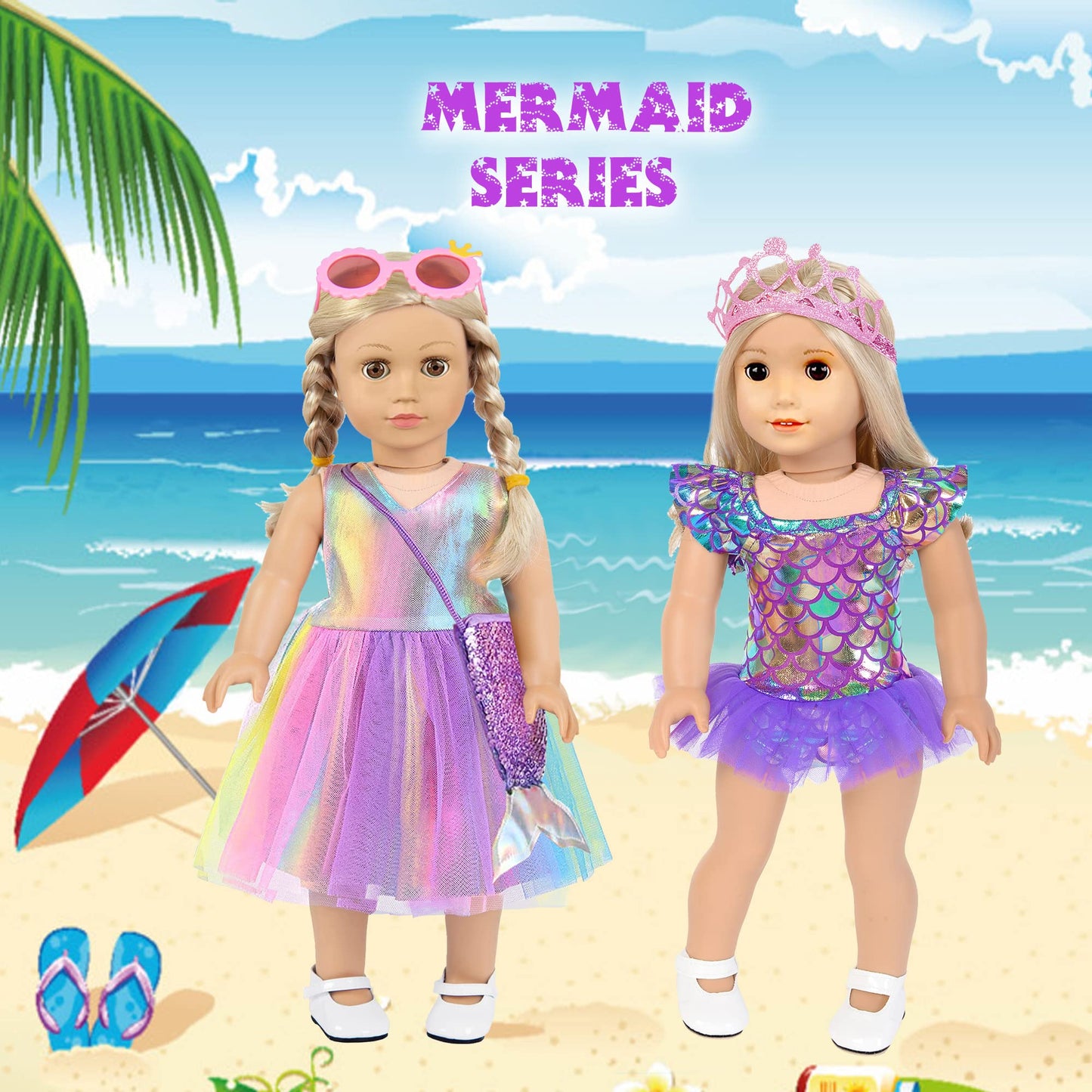 Mermaid 18 Inch Doll Clothes And Doll Accessories Case Luggage Travel Play Set Include Suitcase, Dresses, Bag, Camera, Glasses, Pillow, Eyeshade Etc (No Doll)
