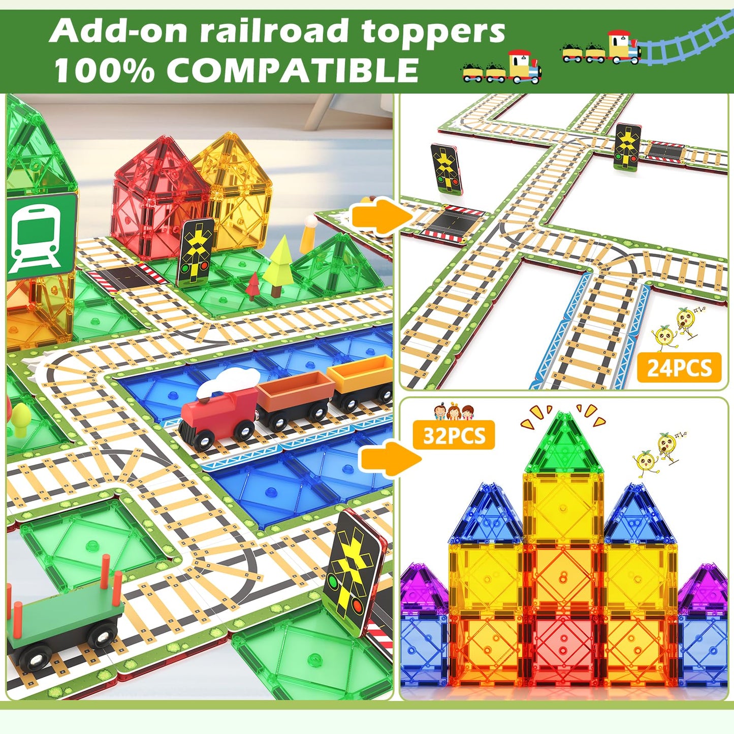 Magnetic Tiles Railroad Toppers Kids Toys Add-On Train Track Playset Playing With Trains Cars Preschool Learning Activities Stem Toys For Age 5-7