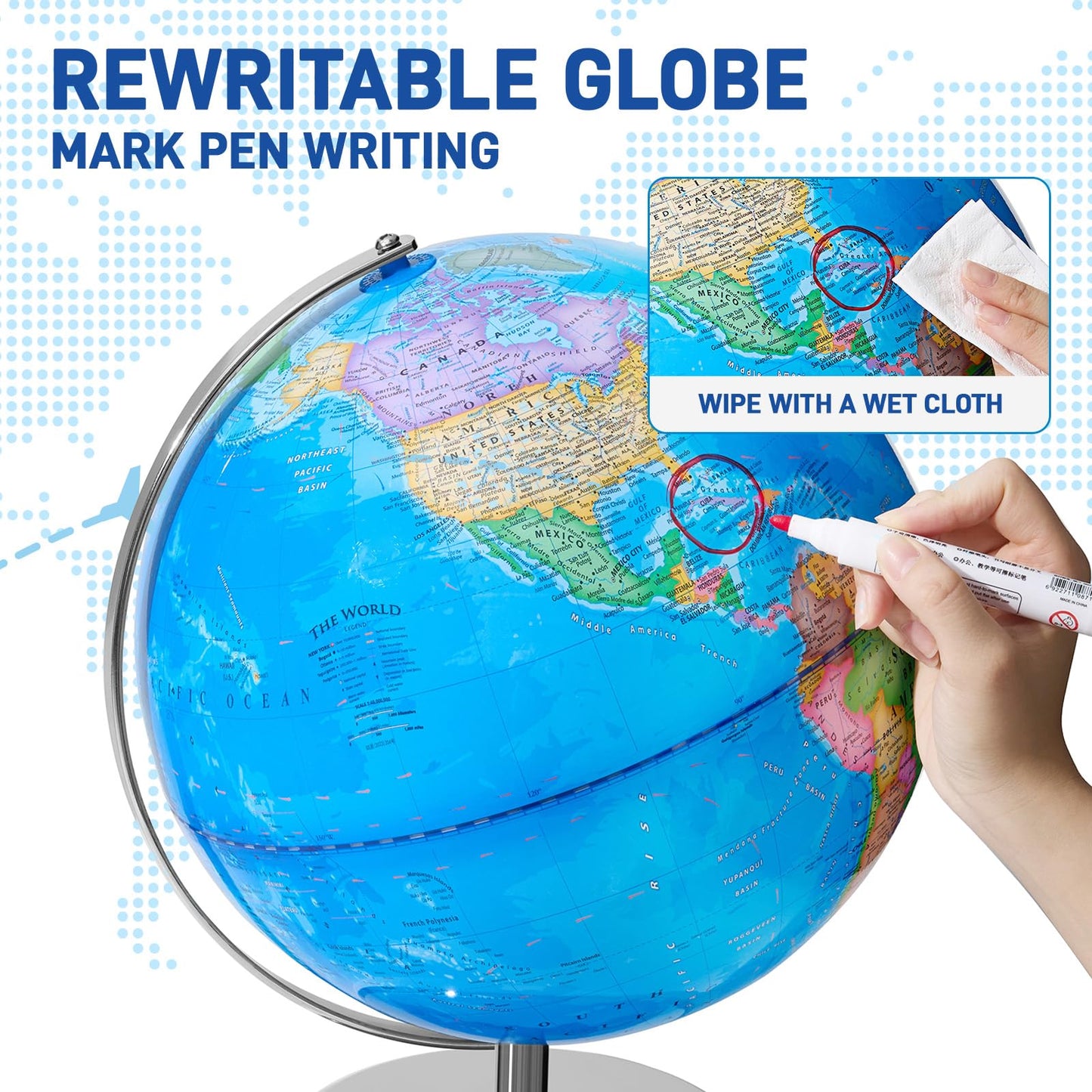 Bshapplus 13'' World Globe For Kids, Classroom Globe For Education & Decoration With Metal Base, Hd Film Surface