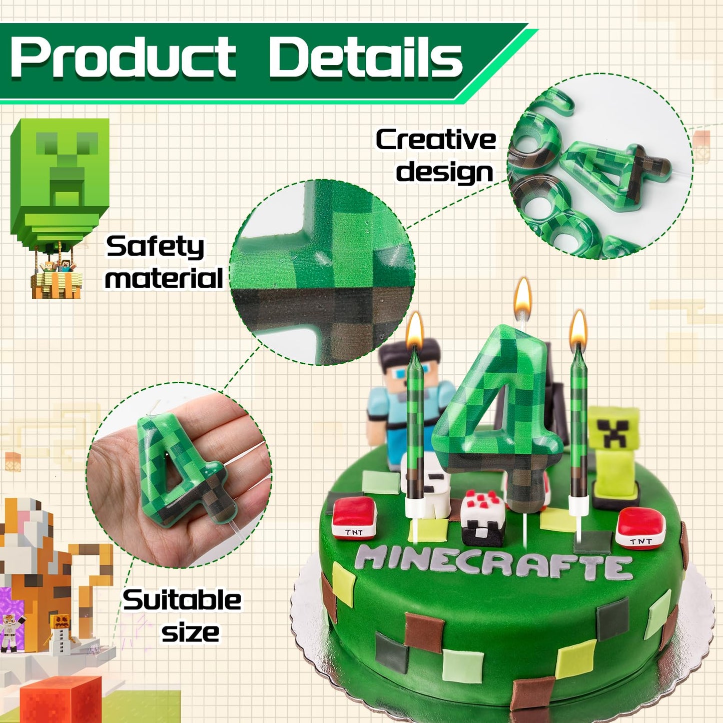 13 Pcs Dynamite Candles 12 TNT Themed Birthday Cake Candles and Number 4 Candle Cake Topper for Pixel Theme Birthday Party Anniv