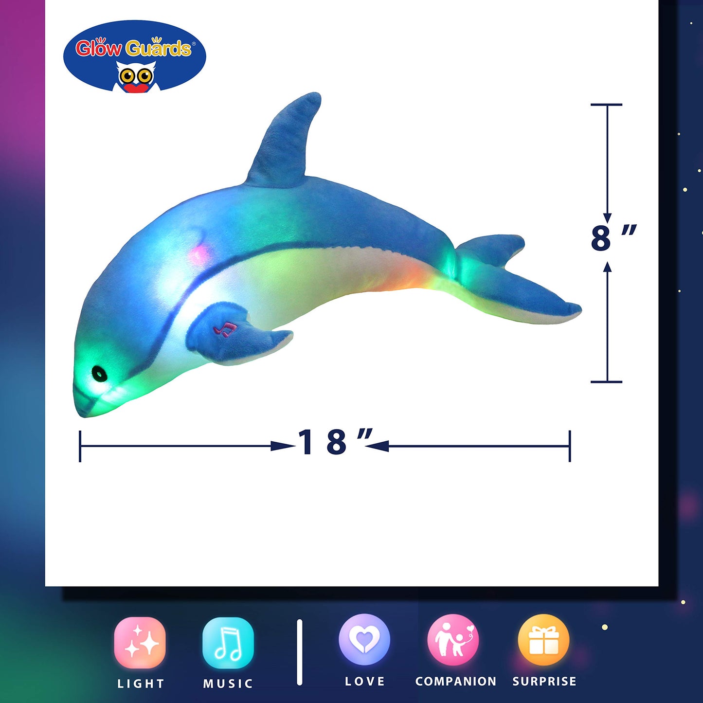 Glow Guards Musical Plush Dolphin Toy with LED Night Lights, 18" Soft Sea Animal for Kids, Nursery Songs, Ideal Birthday Gift
