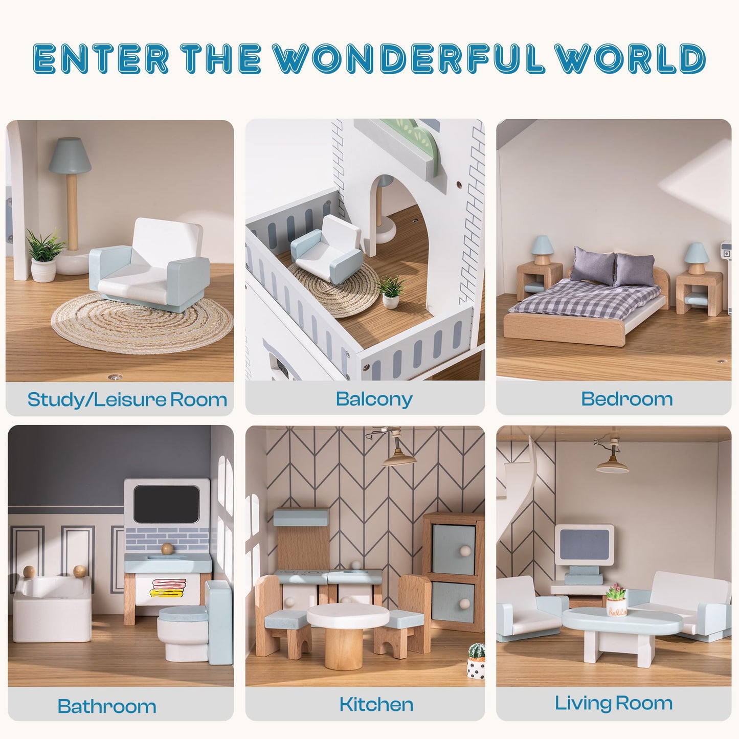 ROBOTIME Wooden Dollhouse  Wooden Doll House with 29 Pieces of Furniture  6 Rooms Fits 4-6 Inch Dolls  Gift for Kids Ages 3+