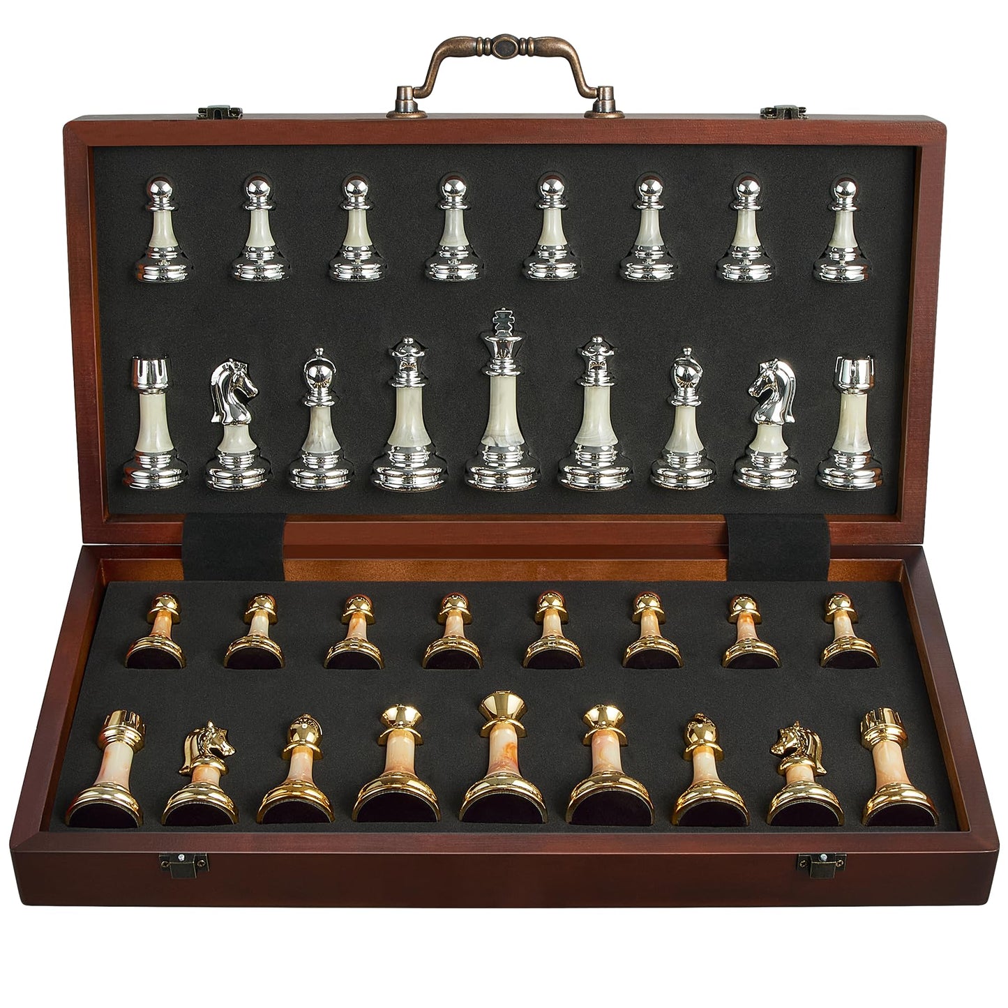 ELONGDI 16.5 Large Wooden Chess Set with Weighted Acrylic Chess Pieces Folding Chess Board Games with Handle 3.5 King Portable Classic Game for mature-themeds and Kids