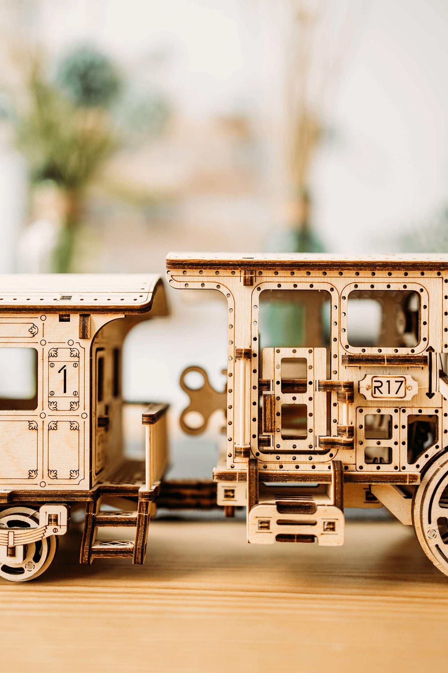 Wood Trick Wooden Toy Train Set With Railway - 34X7'' - Locomotive Train Toy Mechanical Model Kit - 3D Wooden Puzzles For Adults