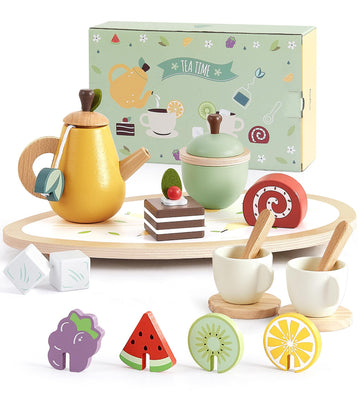 PairPear Wooden Toys Tea Party Set, Toddler Tea Set for Little Girls, Kids Pretend Play Kitchen Accessories, Wooden Play Food To