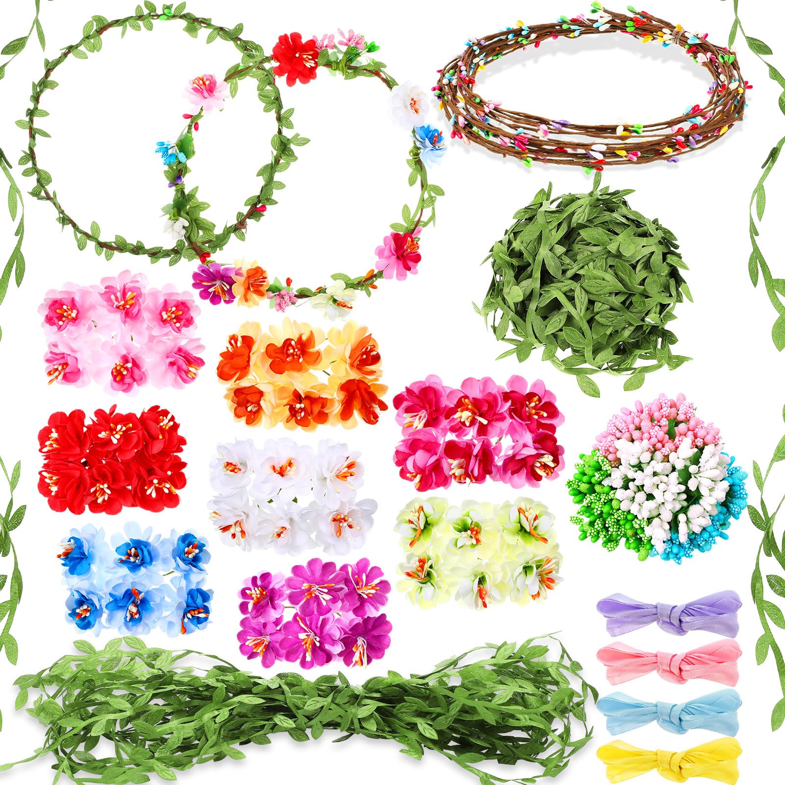 Syhood Mini Plum Blossom Crowns Making Kit, 120 Pcs Parts, Make Your Own Flower Wreath Headbands and Bracelets Craft Kit Hair Ac