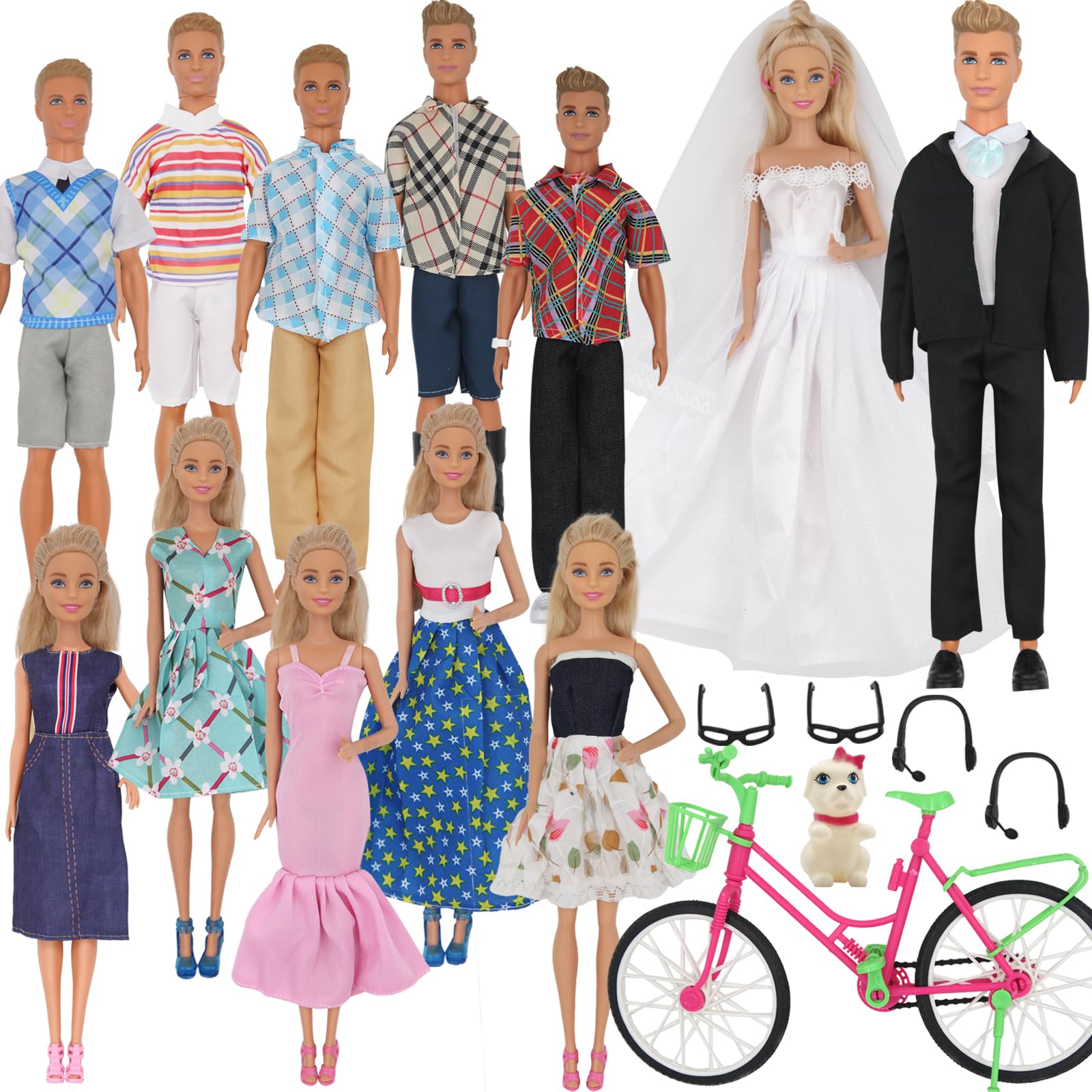 Ztweden 33Pcs Doll Clothes And Accessories For 12 Inch Boy And Girl Doll, Includes 20 Wear Clothes Shirt Jeans Suit And Wedding Dresses, Glasses Earphones Dog And Bike For 12'' Boy Girl Doll