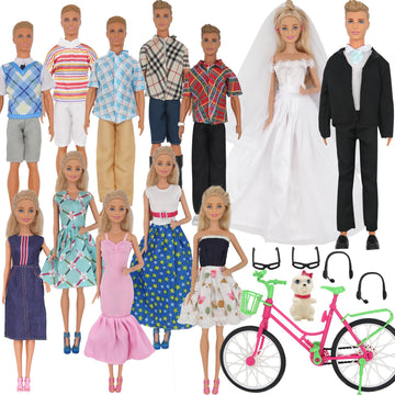 Ztweden 33Pcs Doll Clothes And Accessories For 12 Inch Boy And Girl Doll, Includes 20 Wear Clothes Shirt Jeans Suit And Wedding Dresses, Glasses Earphones Dog And Bike For 12'' Boy Girl Doll