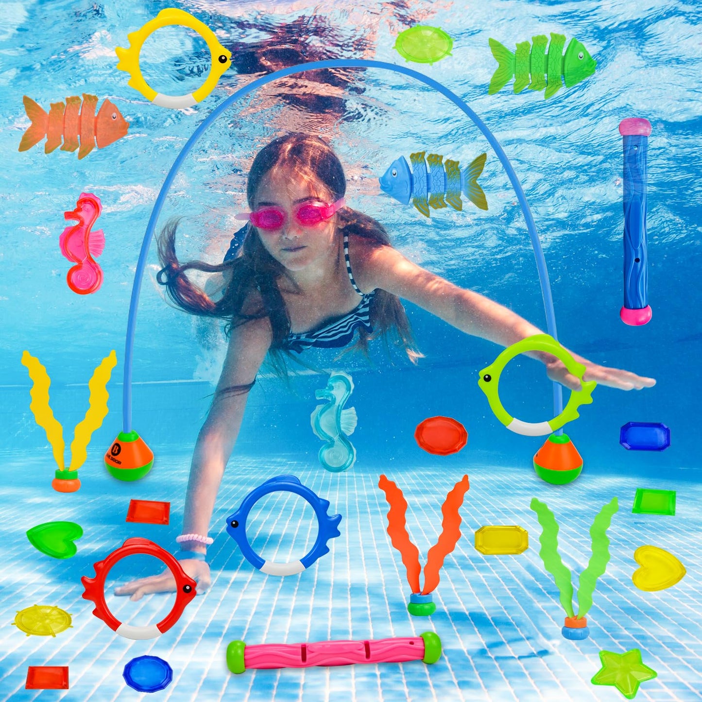 YGSEPCC 45 Pcs Pool Diving Swimming Toys for Kids Ages 3-12 Summer Pool Game Toys Set with Diving Door Diving Stick Fish Ring Ge
