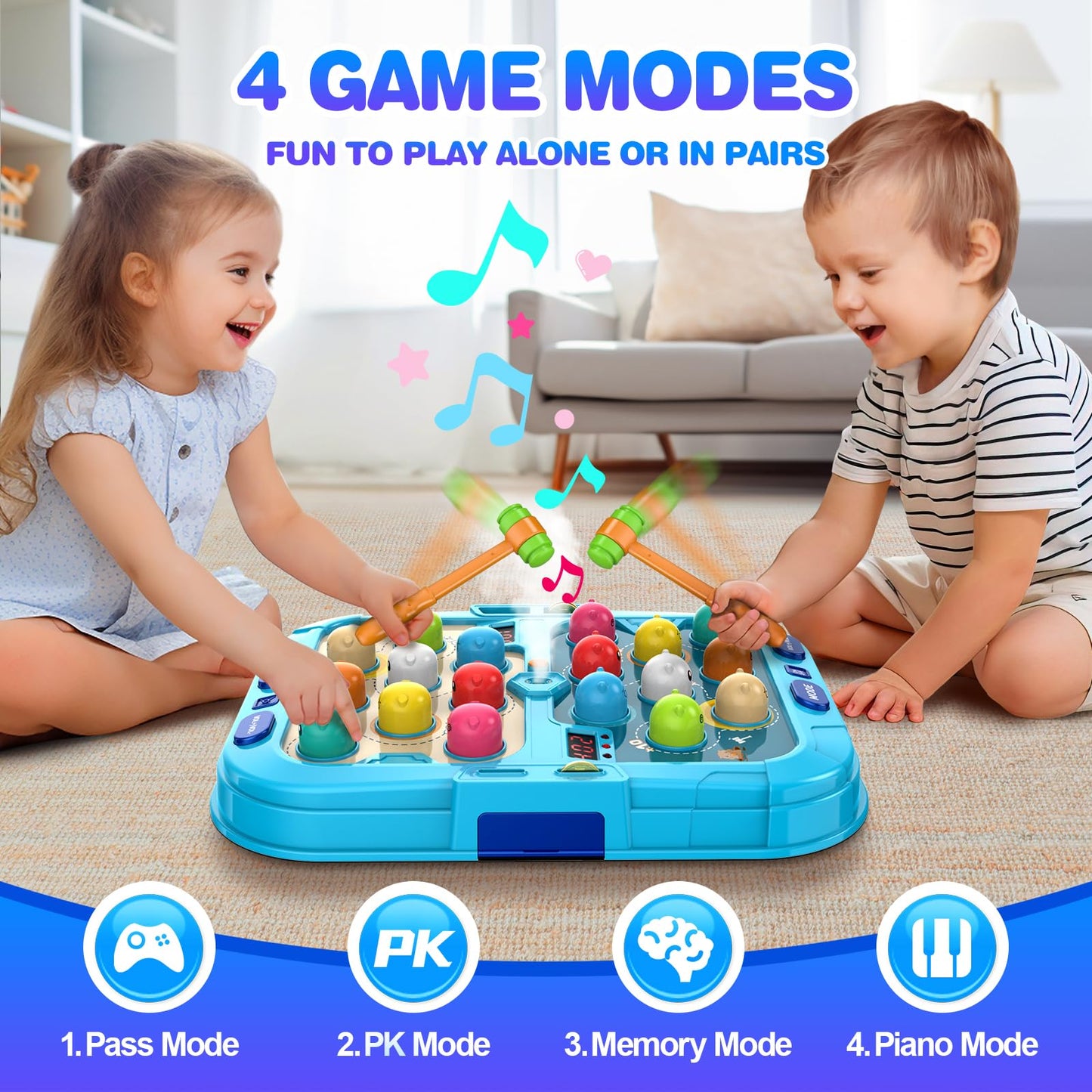 Hoperock Toddler Toys For 3 4 5 Year Old Boys,Toddler Games,With 2 Hammers,5 Modes Light-Up,9 Music Sprays,Interactive Education