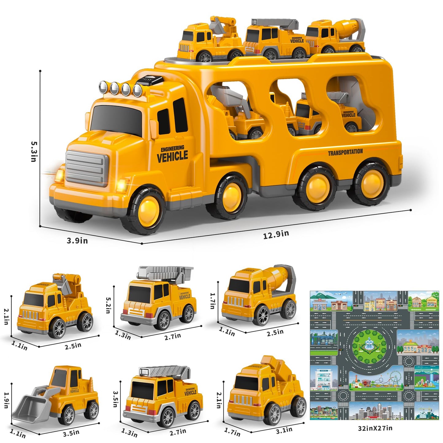 Beby Buty 8 in 1 Construction Trucks Cars Toys for Toddlers 3-5, Boy Toddler Car Truck Toys with Playmat and Light Sound, Birthd