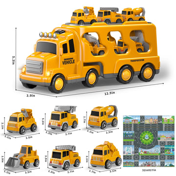 Beby Buty 8 in 1 Construction Trucks Cars Toys for Toddlers 3-5, Boy Toddler Car Truck Toys with Playmat and Light Sound, Birthd