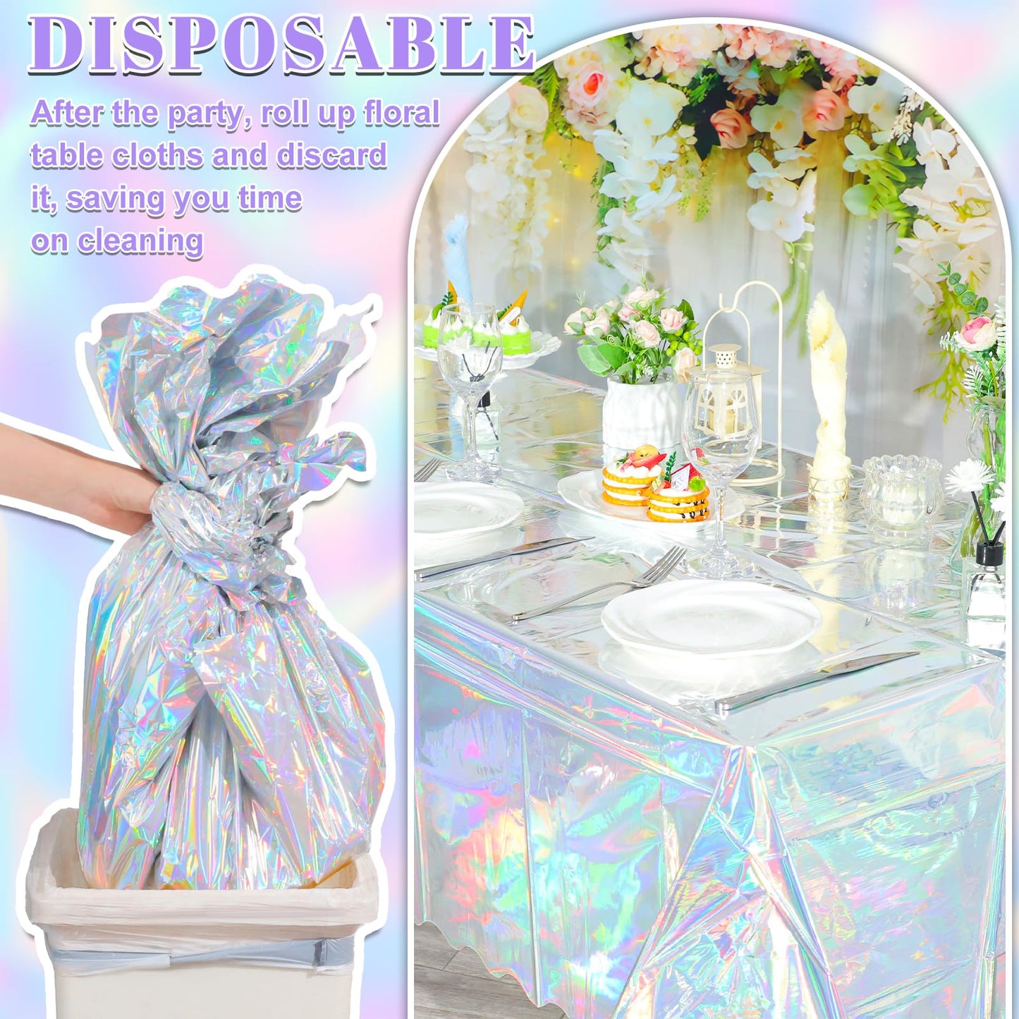 3 Pcs Iridescent Plastic Tablecloth, 54 x 108 Inch Disposable Scalloped Table Covers Waterproof Rectangle Iridescence Table Clot