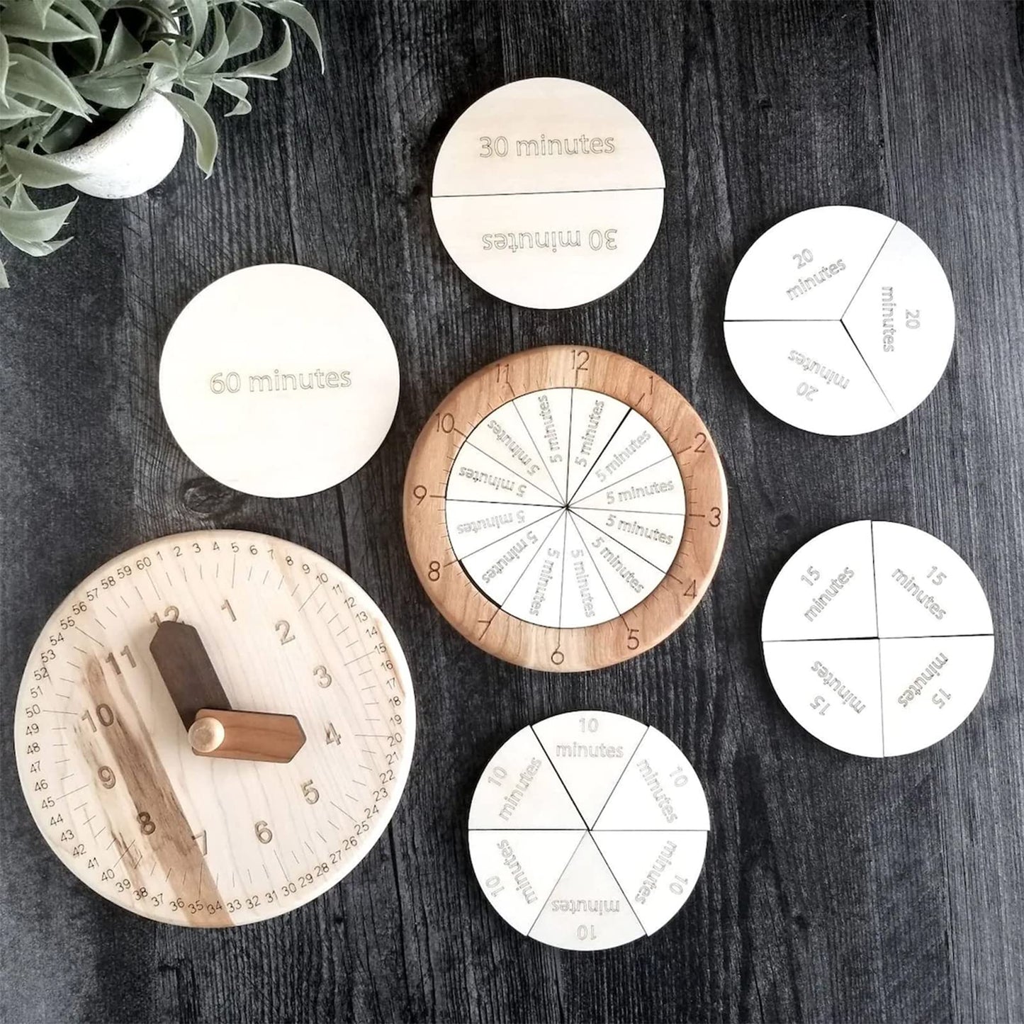 Merryheart Wooden Time Fraction Learning Clock, Cognitive Clock Education Puzzle Toys For Children, Clock For Kids Learning To T