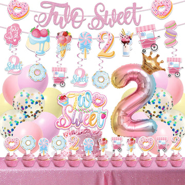 Juyrle Two Sweet Birthday Party Decorations- Donut Birthday Party Supplies For Girls Two Sweet Banner Donut Balloon Cupcake Toppers 2Nd Candy Theme Party Supplies For Baby Shower