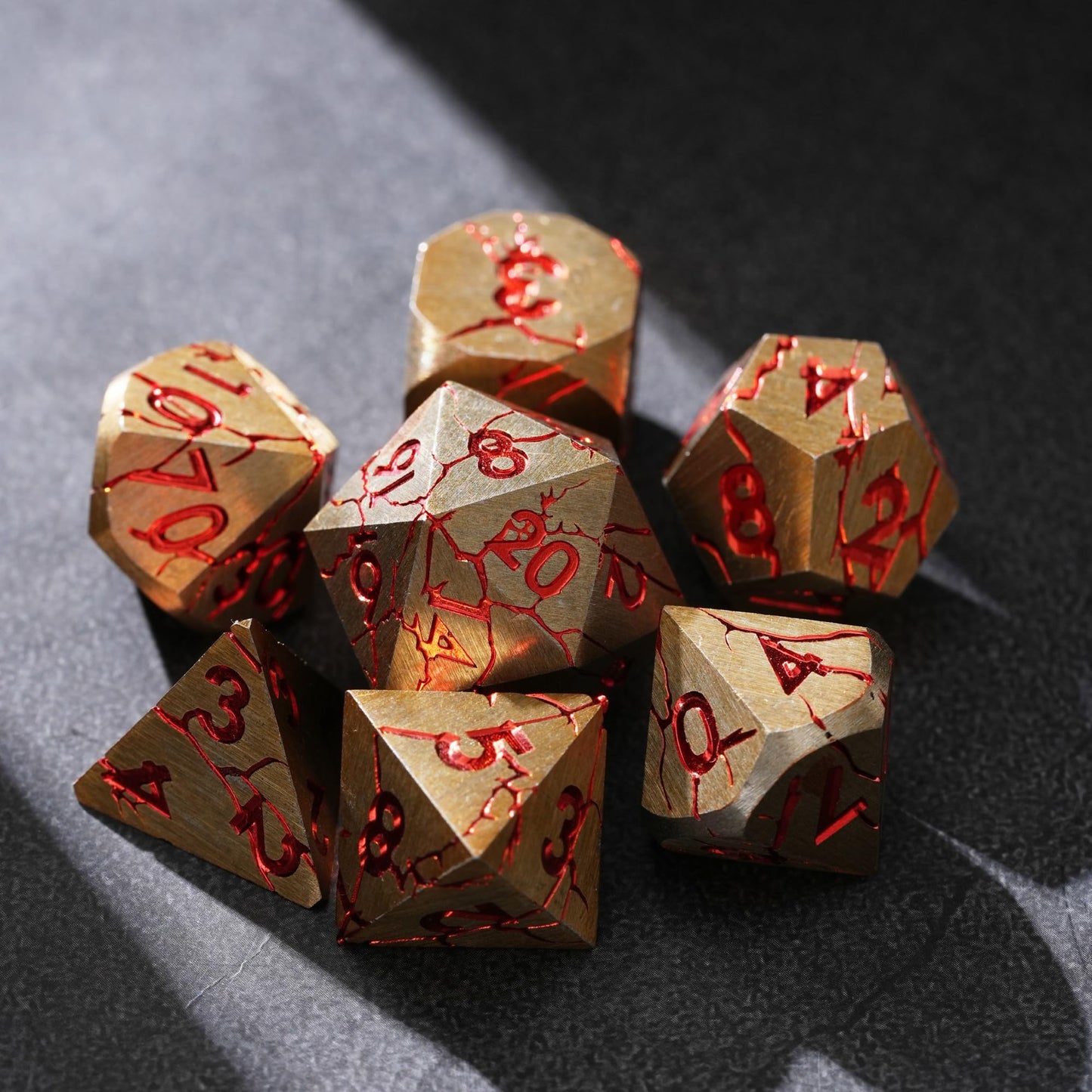 Soar Forge Metal Dice for DND - Pharaoh Ruins Gold Metal Dice with Red Cracks - Polyhedral Dice Set Compatible with D&D, Pathfin