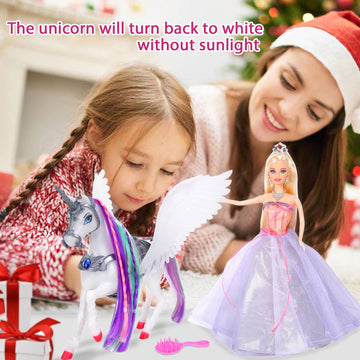 Bettina Color Changing Unicorn & Princess Doll, Color Change On Whole Unicorn Under Sunshine, 11.5'' Princess Doll Toy, Unicorn Toys With Removable Saddle&Wings