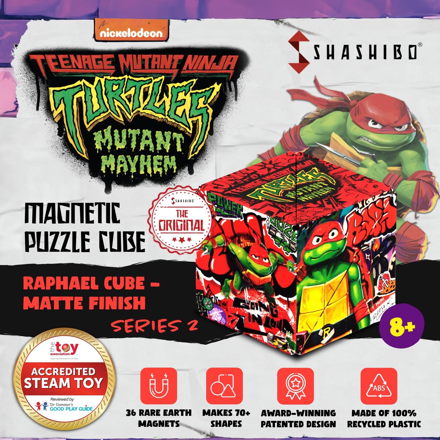 Shashibo Teenage Mutant Ninja Turtles Shape Shifting Box - Award-Winning, Patented Magnetic Puzzle Cube W/36 Rare Earth Magnets -Fidget Cube Transforms Into Over 70 Shapes (Raphael Series 2)