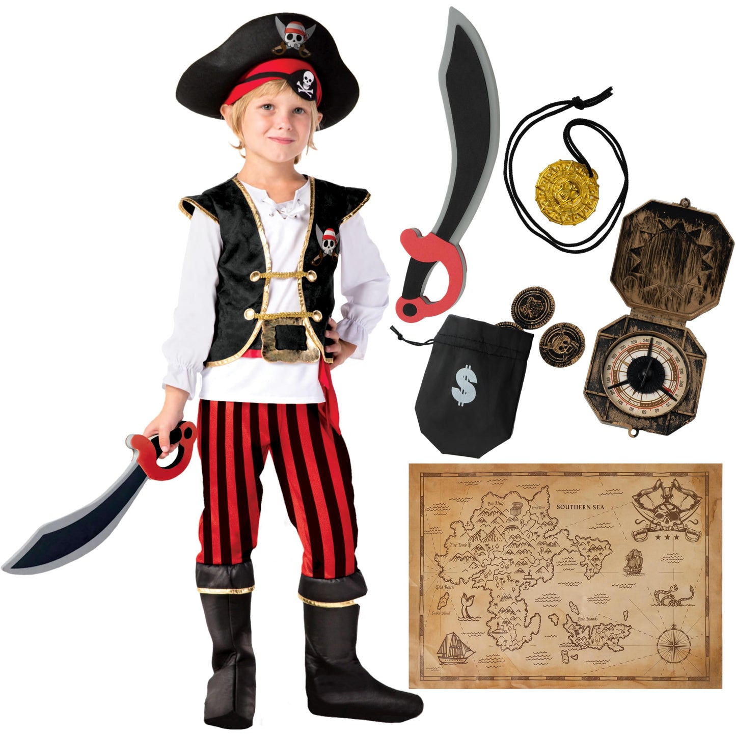 Spooktacular Creations Red Deluxe Pirate Costume for Kids Boys Halloween Dress Up-3T