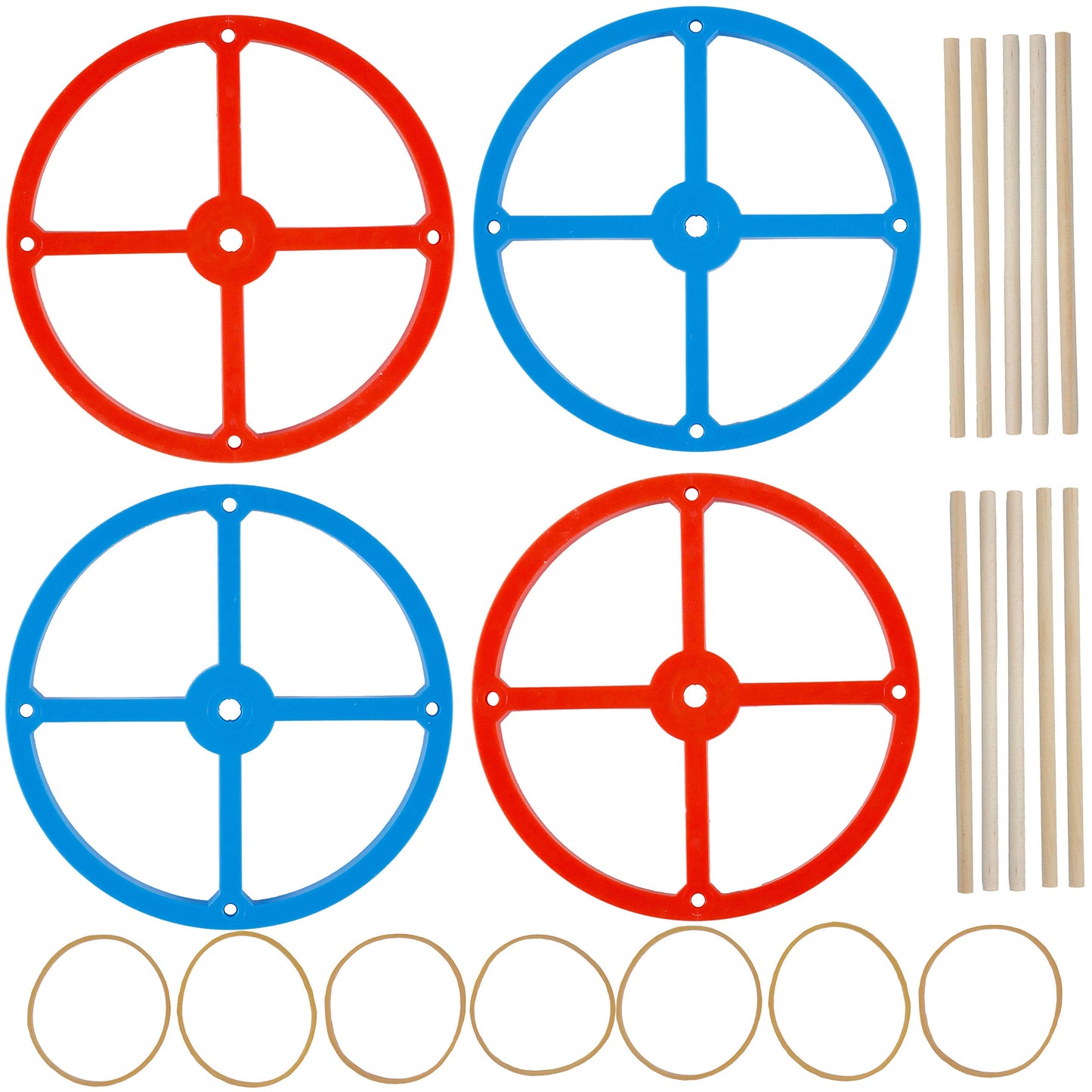 Large Plastic Project Wheels And Axles, For Mousetrap Car And Rubber Band Car Projects, 20 Wheels, 20 Rubber Bands, 10 Dowels